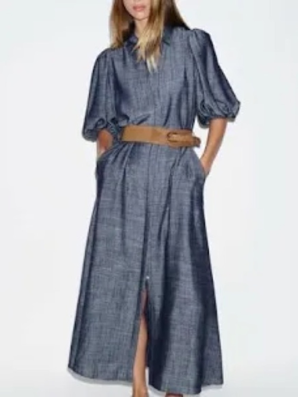 NWT. Zara Denim-Look Midi Shirt Dress with Puff Sleeves and Tan Belt